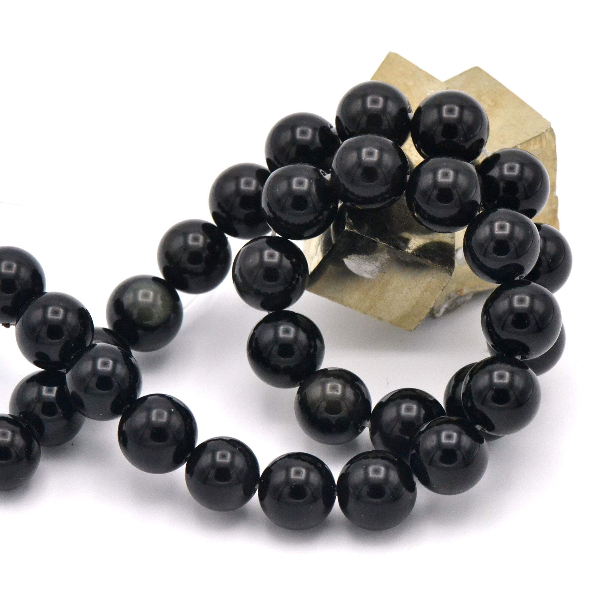fil de 39 cm env 32 perles d\'obsidienne noire ronde 12 mm