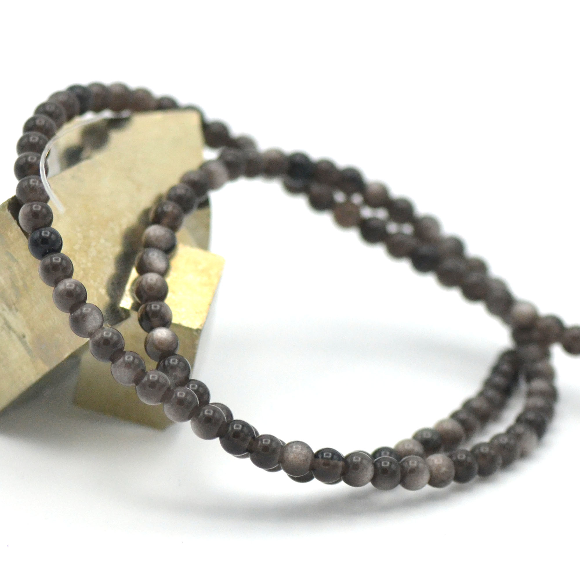fil de 39 cm perles d\'obsidienne argentée ronde 4 mm, pierre naturelle