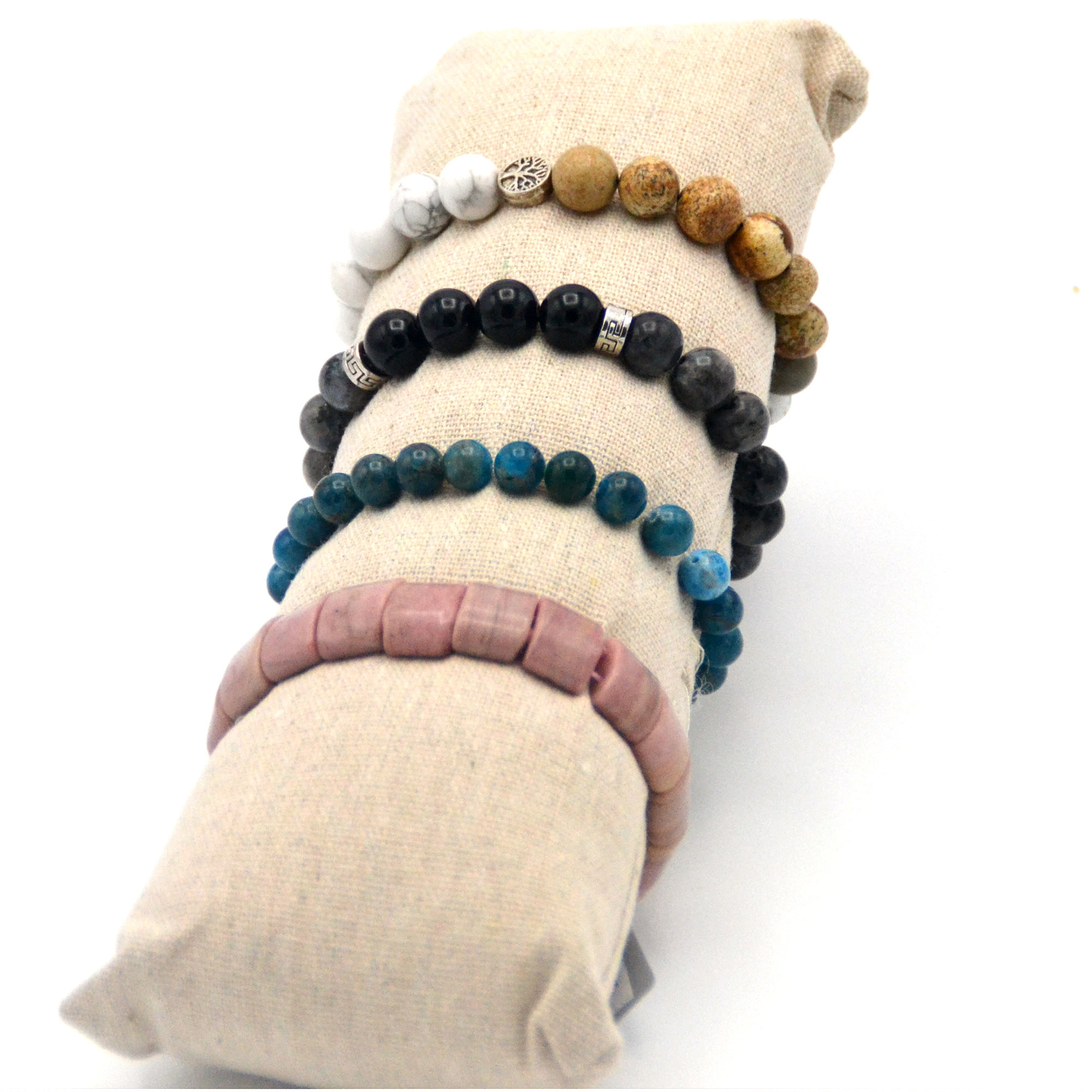 1 présentoir ou coussin long porte bijoux pour bracelet, beige clair lin