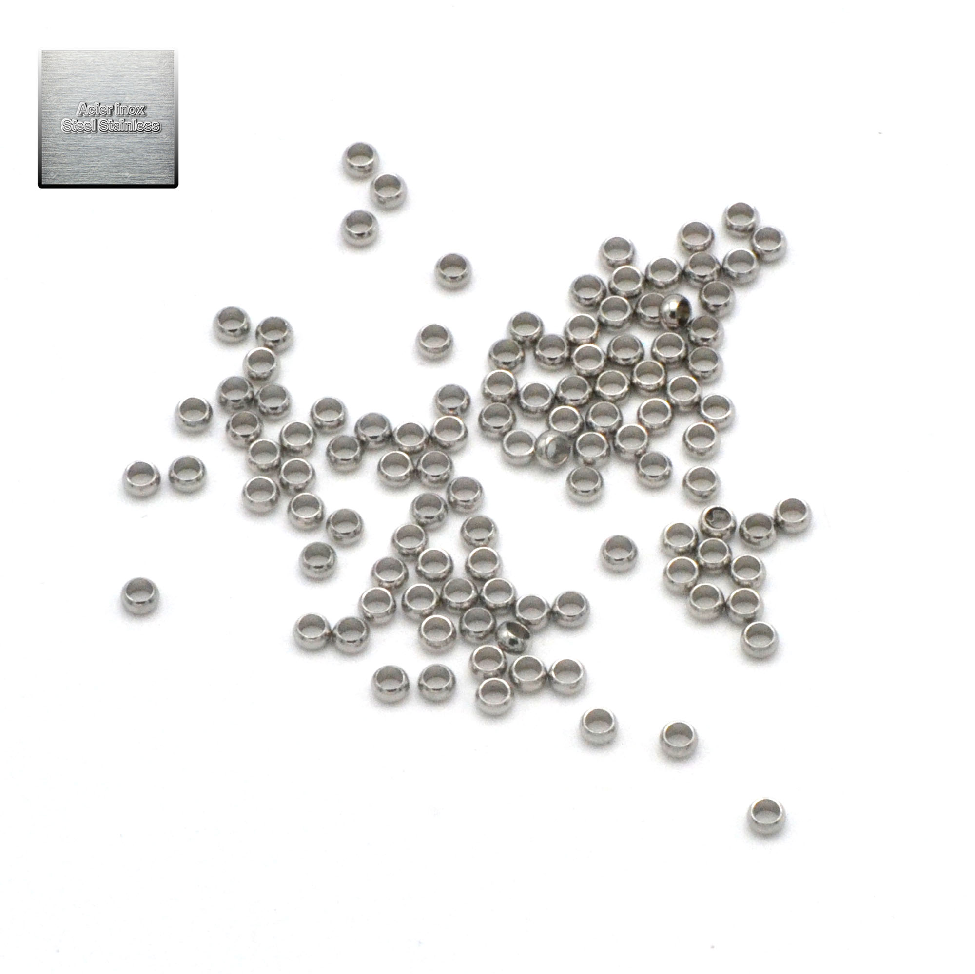 Acier inox: 50 perle à écraser 2 mm, steel stainless