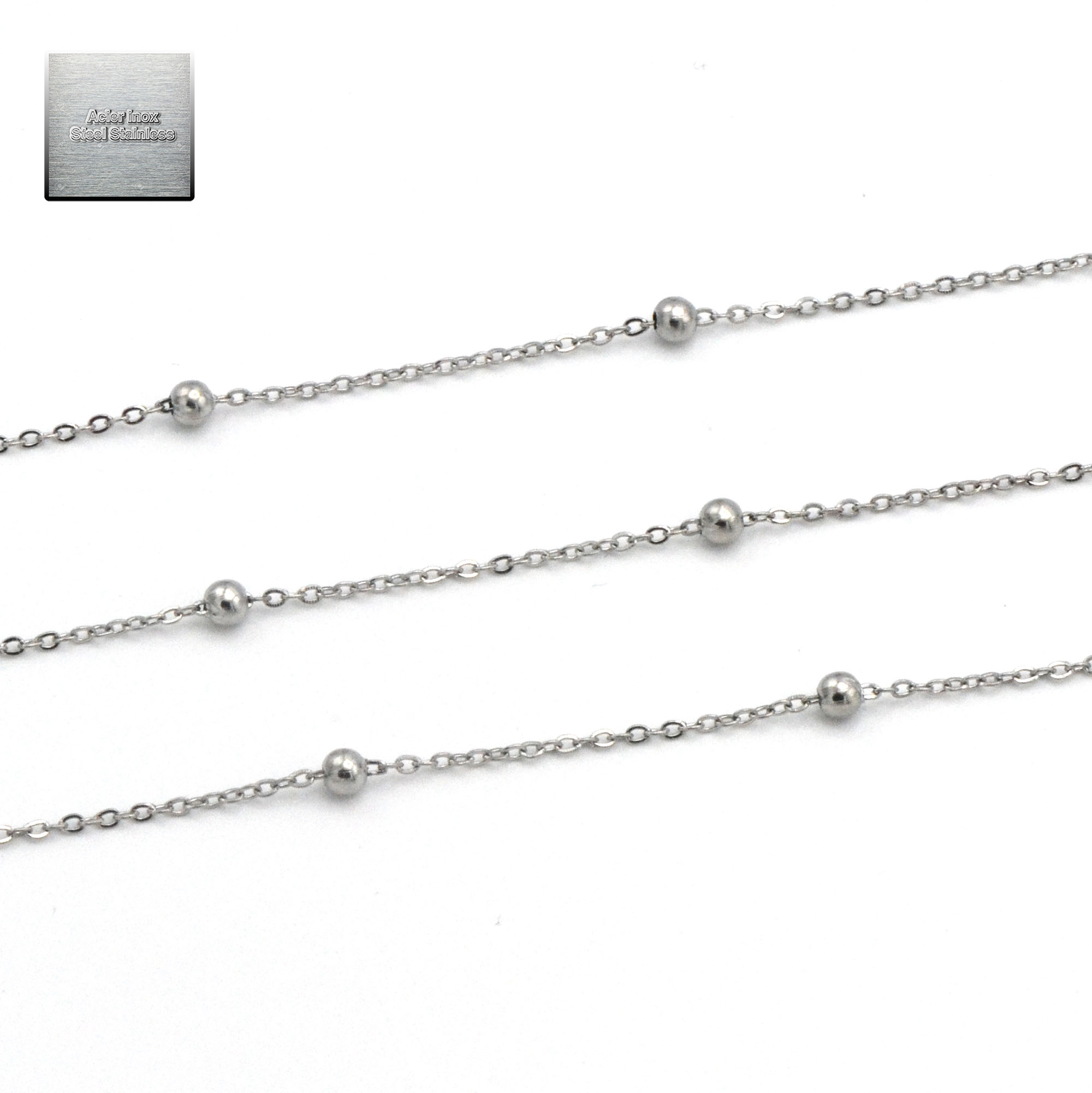 Acier inox: 1 m chaîne perle 3 mm/ovale 1 mm 009, steel stainless