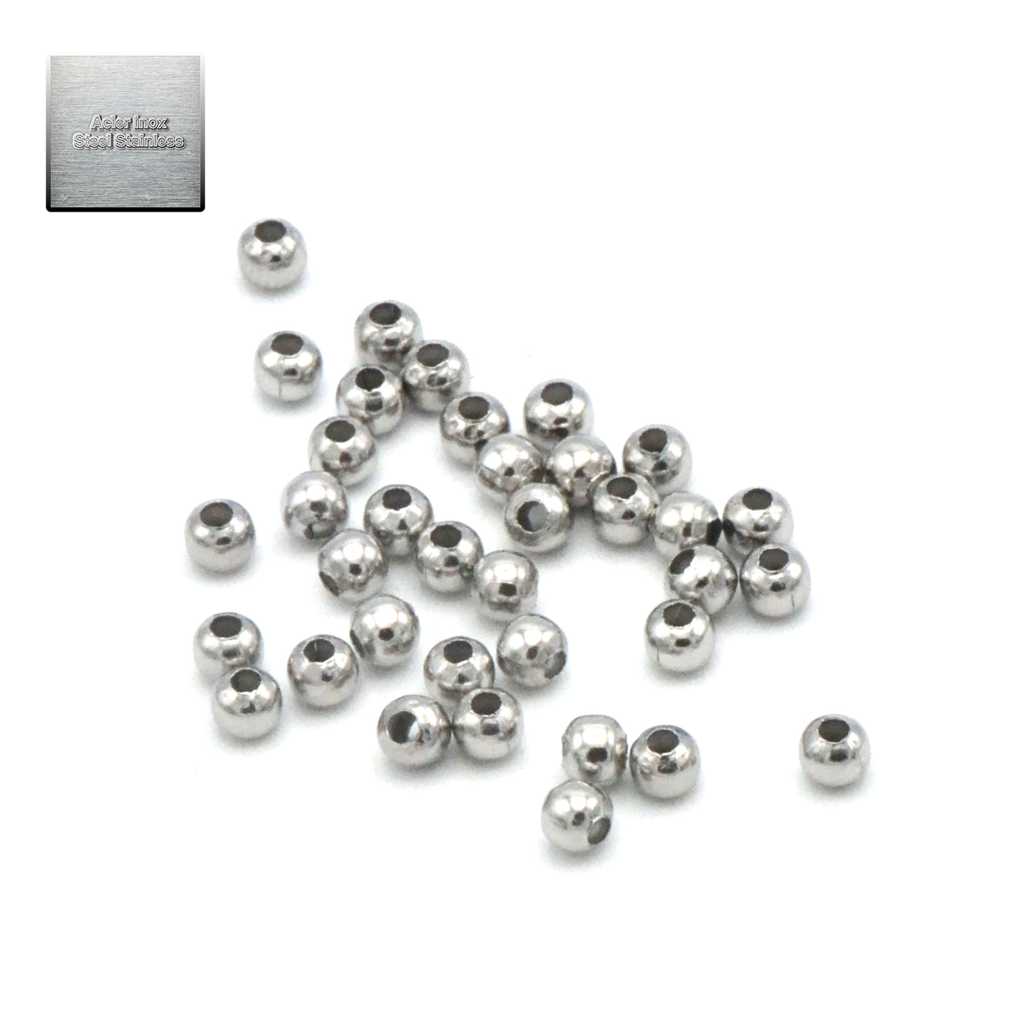 Acier inox: 100 perles passantes ronde 3 mm, steel stainless