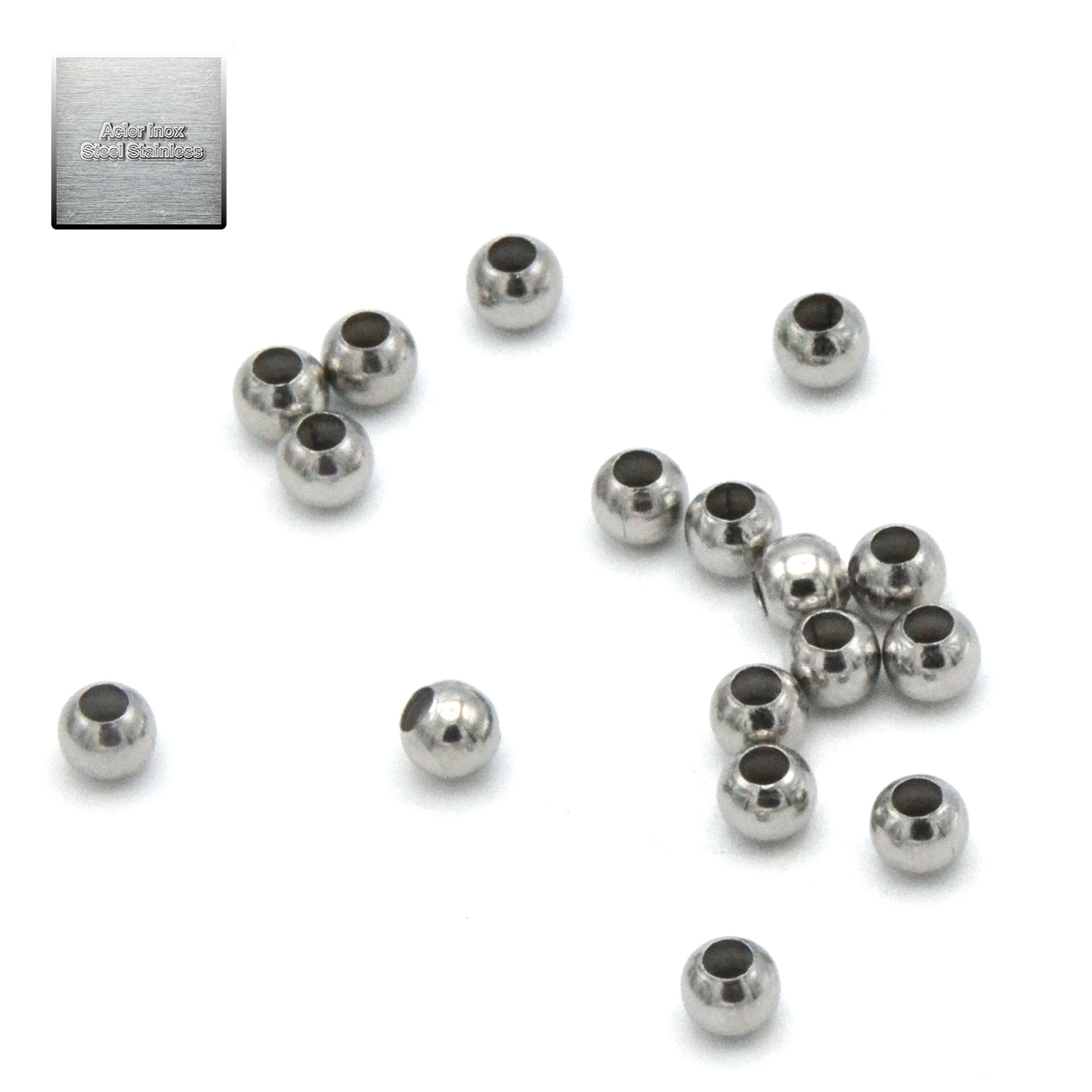 Acier inox: 100 perles passantes ronde 4 mm, steel stainless