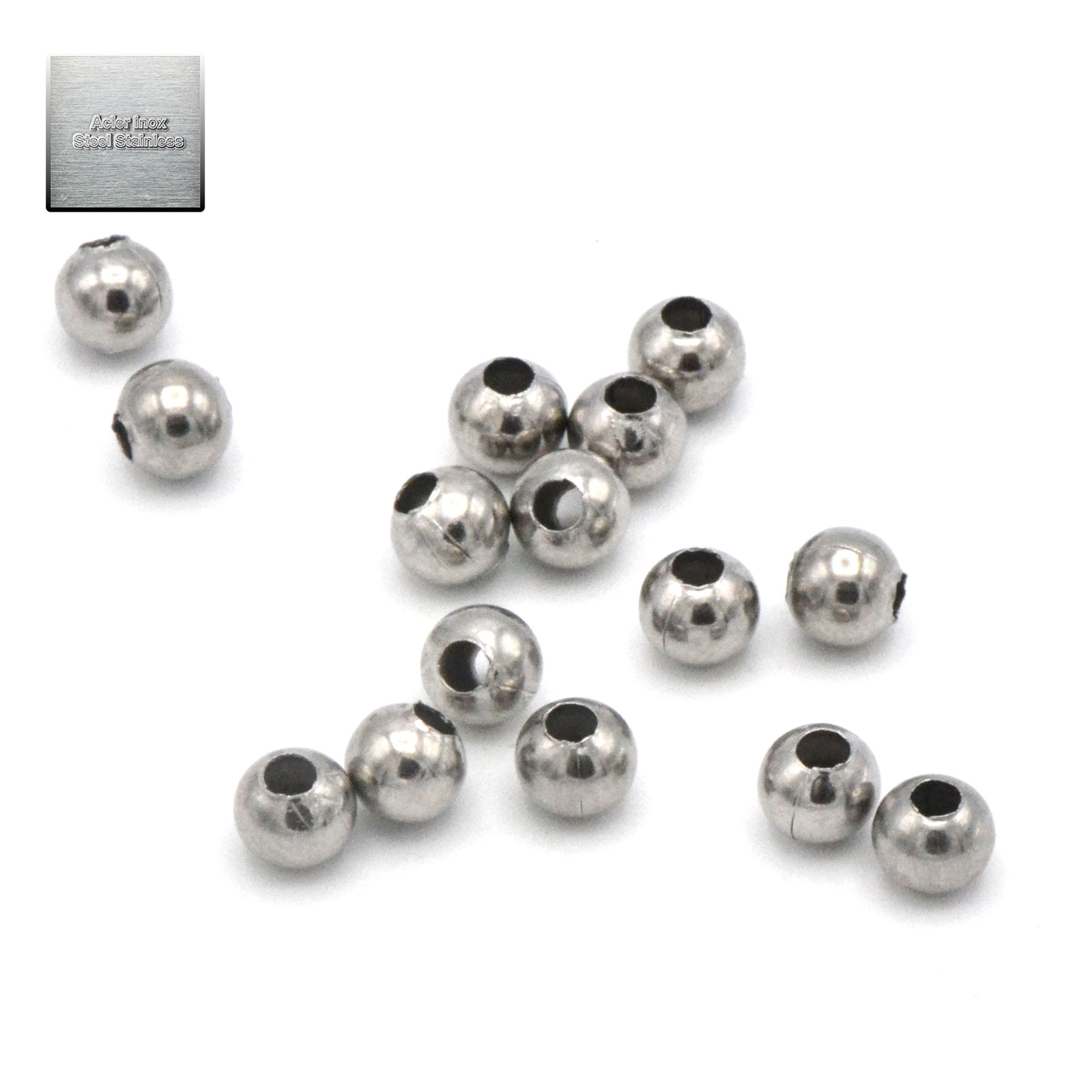 Acier inox: 100 perles passantes ronde 5 mm, steel stainless