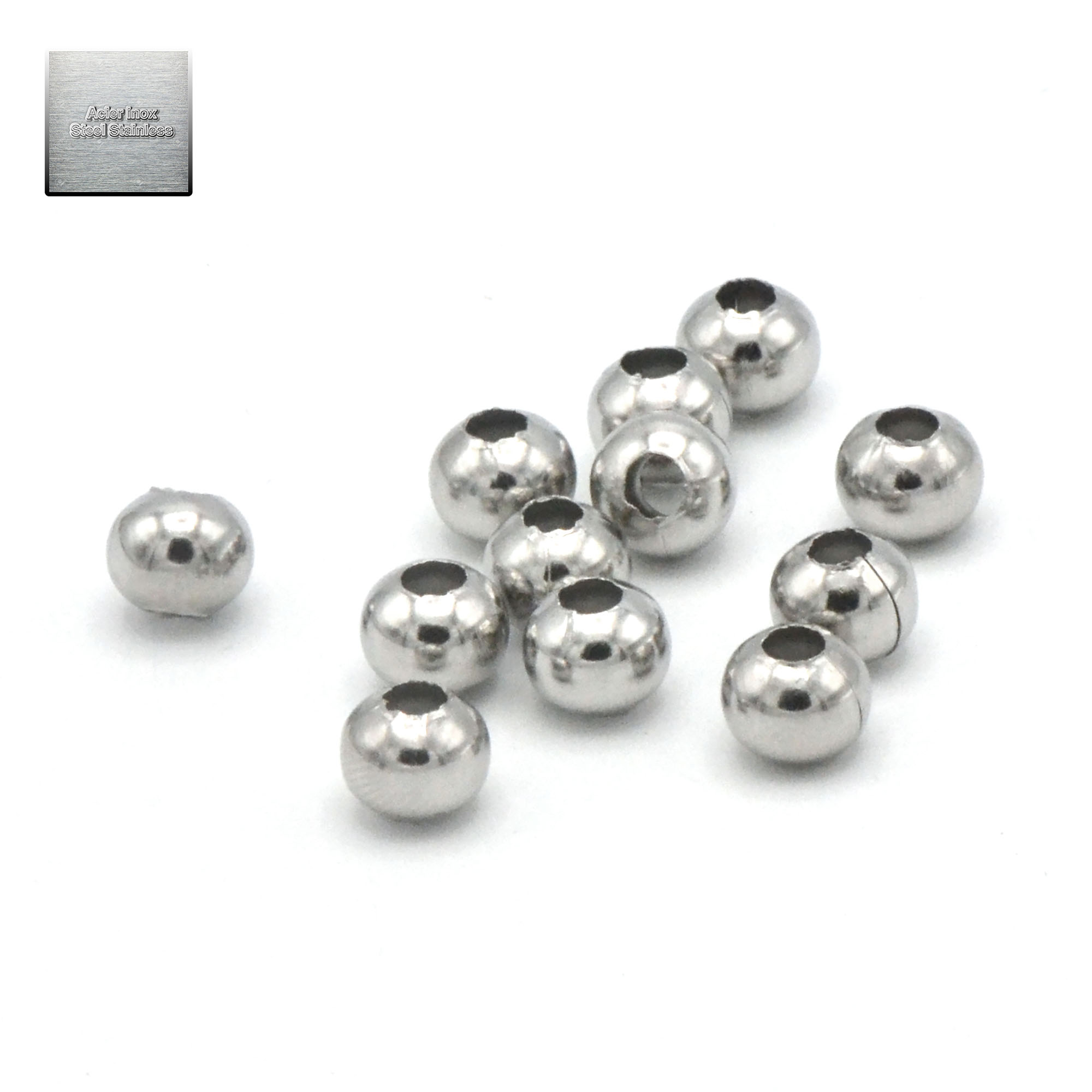 Acier inox: 100 perles passantes ronde 6 mm, steel stainless