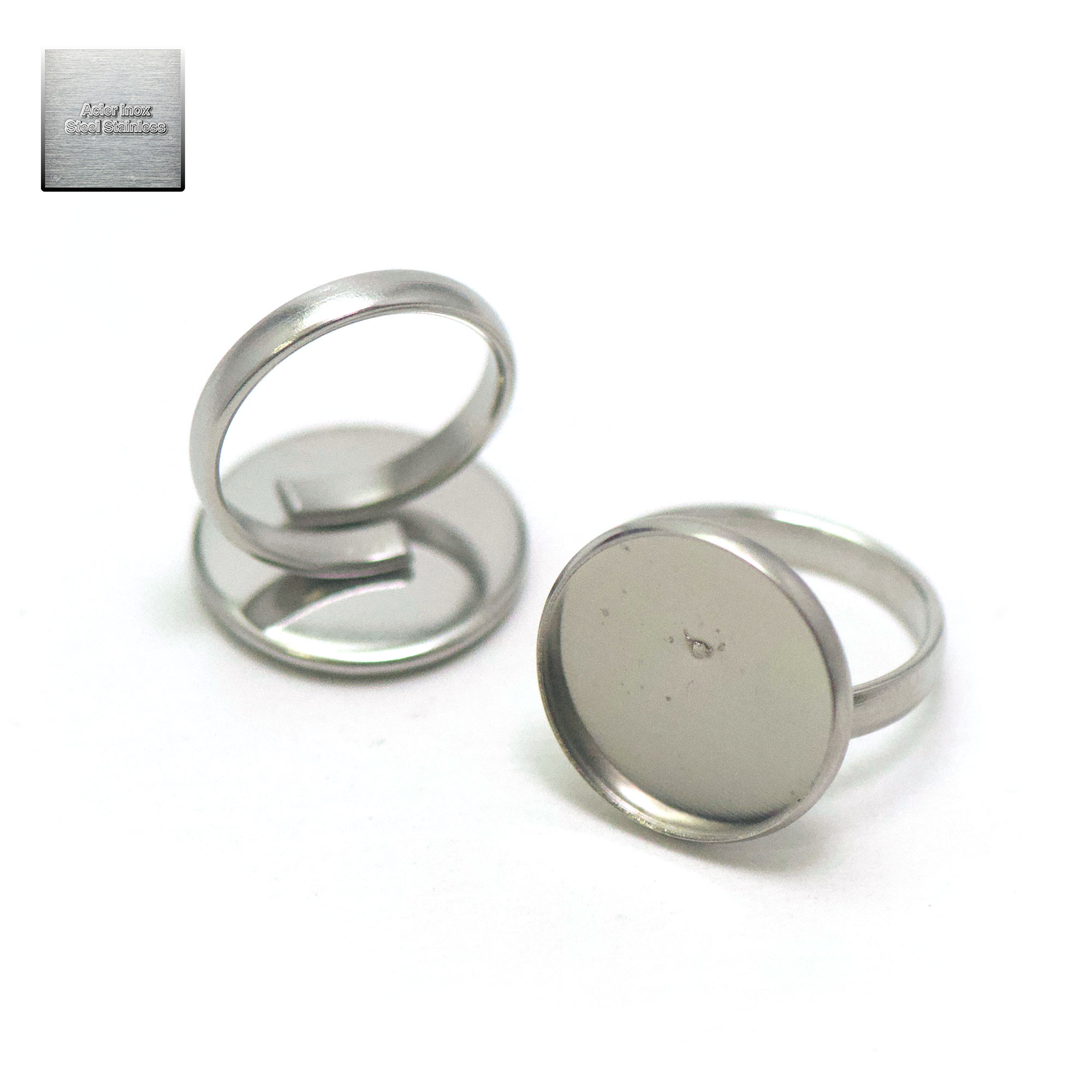Acier inox: 2 bagues support cabochon ronde 16 mm, steel stainless