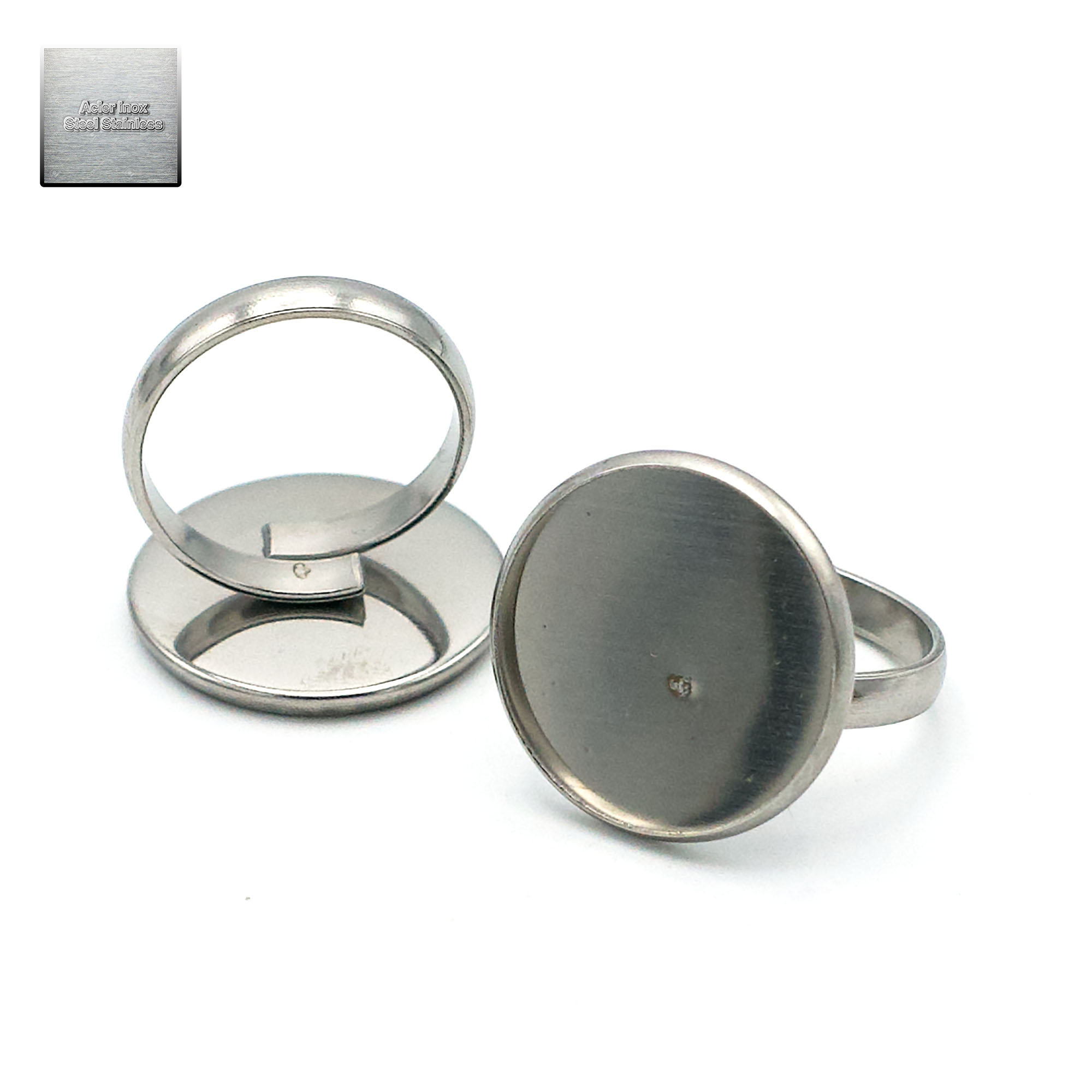 Acier inox: 2 bagues support cabochon ronde 20 mm, steel stainless