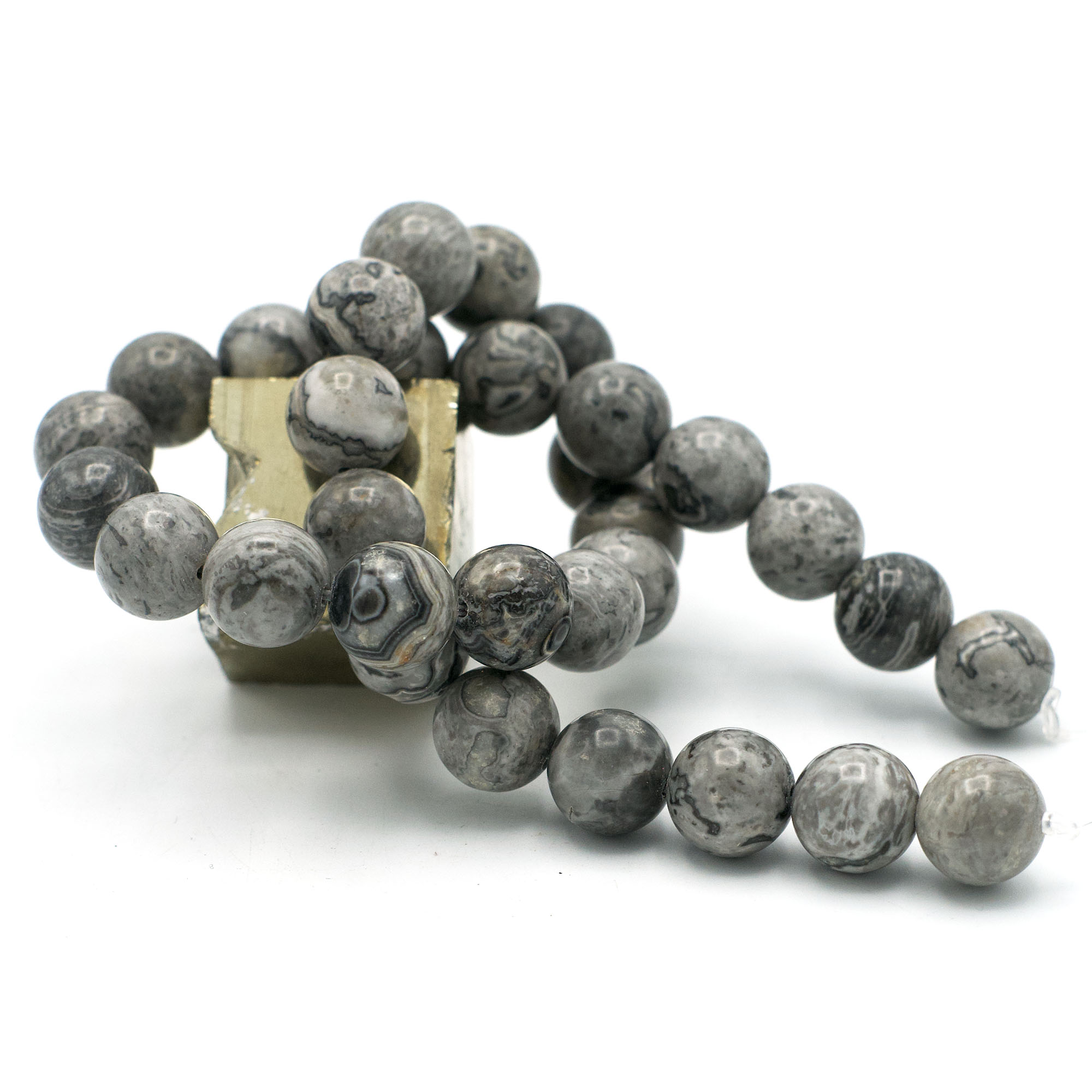fil de 39 cm 32 perles pinolite ronde 12 mm, pierre naturelle