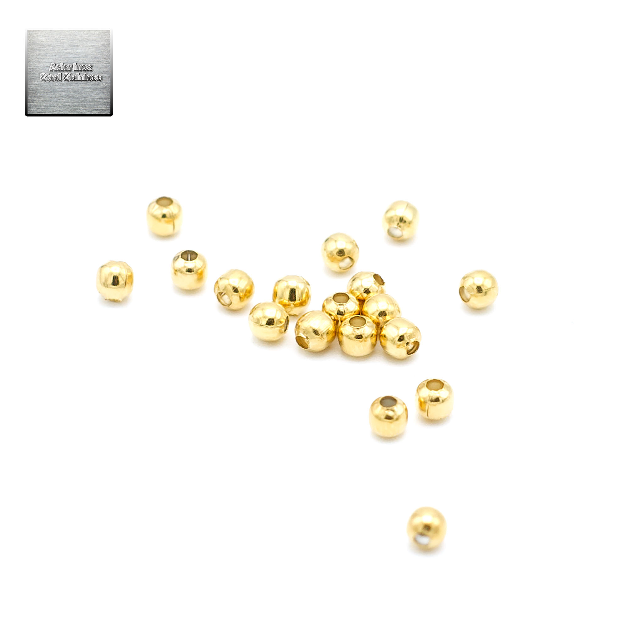 Acier inox doré: 100 perles passantes ronde 4 mm, steel stainless
