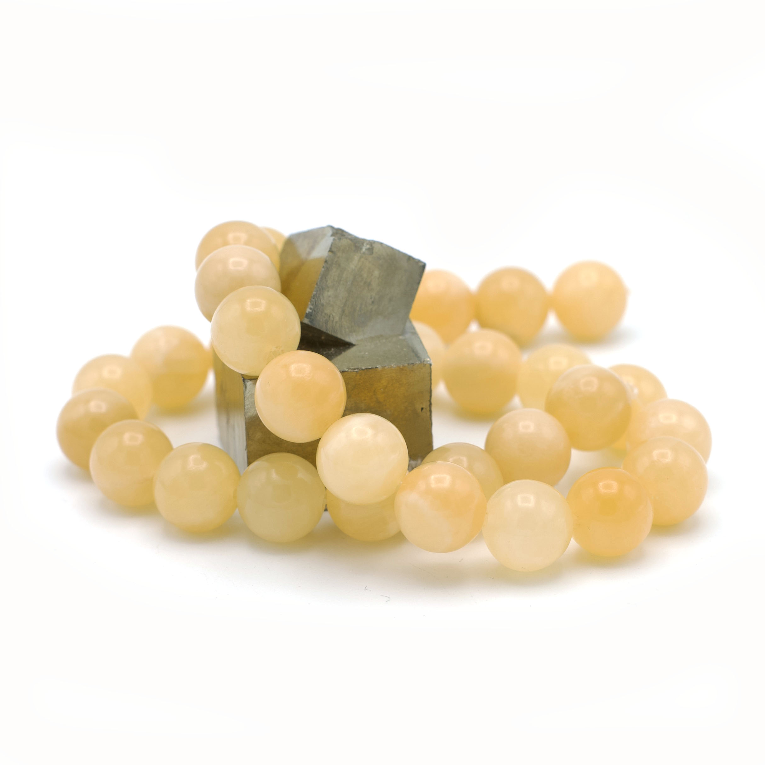 fil de 39 cm 32 perles calcite jaune ronde 12 mm, pierre naturelle