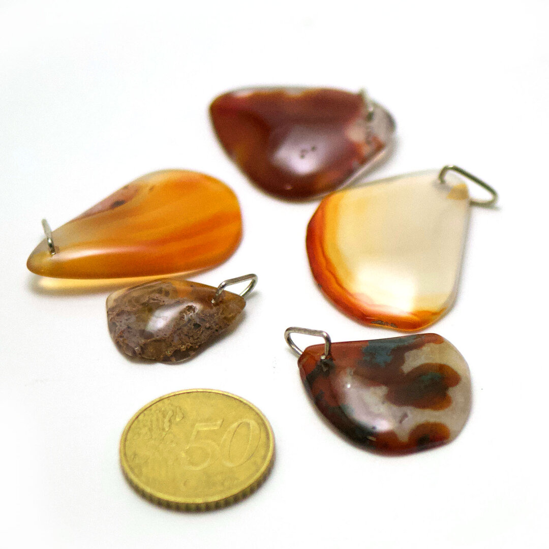Lot De 5 Pendentifs Pierres Naturelles Monture Plaqué Or 18k - Occasion - Style Souvenir