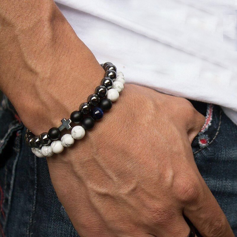 Bracelet cadeau Homme perles en pierres TEMPERAMENT croix