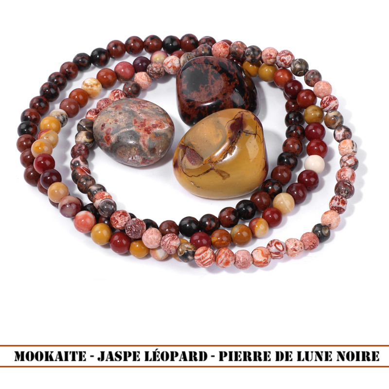 Trio de Bracelets en Pierres Naturelles Mookaite - Jaspe Léopard - Pierre de Lune noire copie