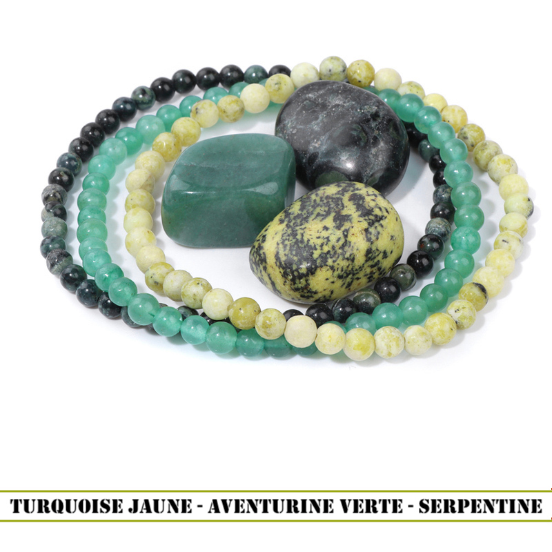 Trio de Bracelets en Pierres Naturelles Turquoise jaune - Aventurine verte - Serpentine