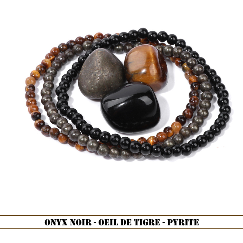Trio de Bracelets en Pierres Onyx noir - Oeil de tigre - Pyrite