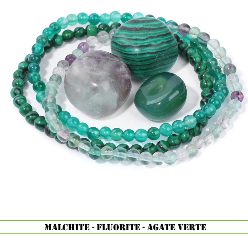 Trio de Bracelets en Pierres Naturelles Malchite - Fluorite - Agate verte