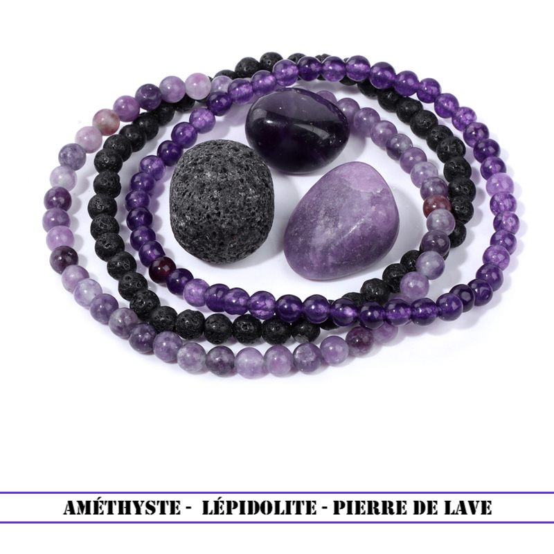 Trio de Bracelets en Pierres Améthyste -  lépidolite - Pierre de lave