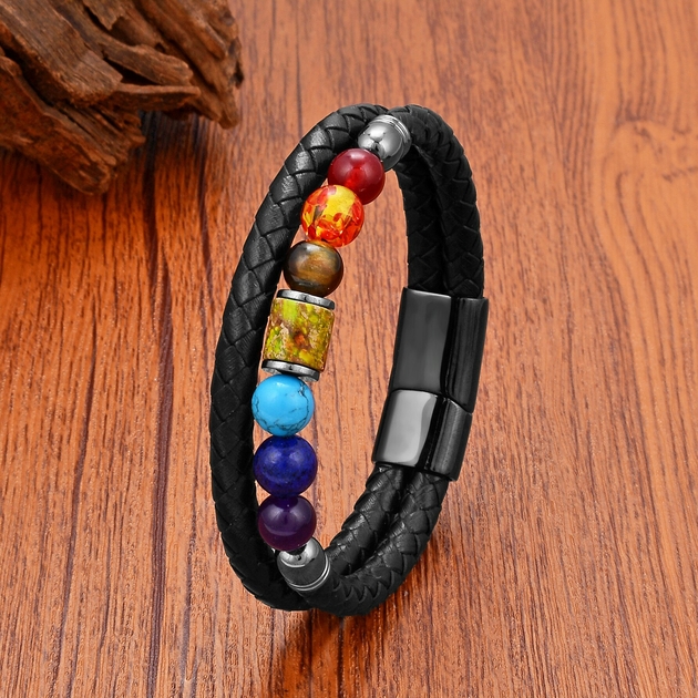 bracelet pierre naturelle, 7 chakras, bracelet lithothérapie, antistress, cuir