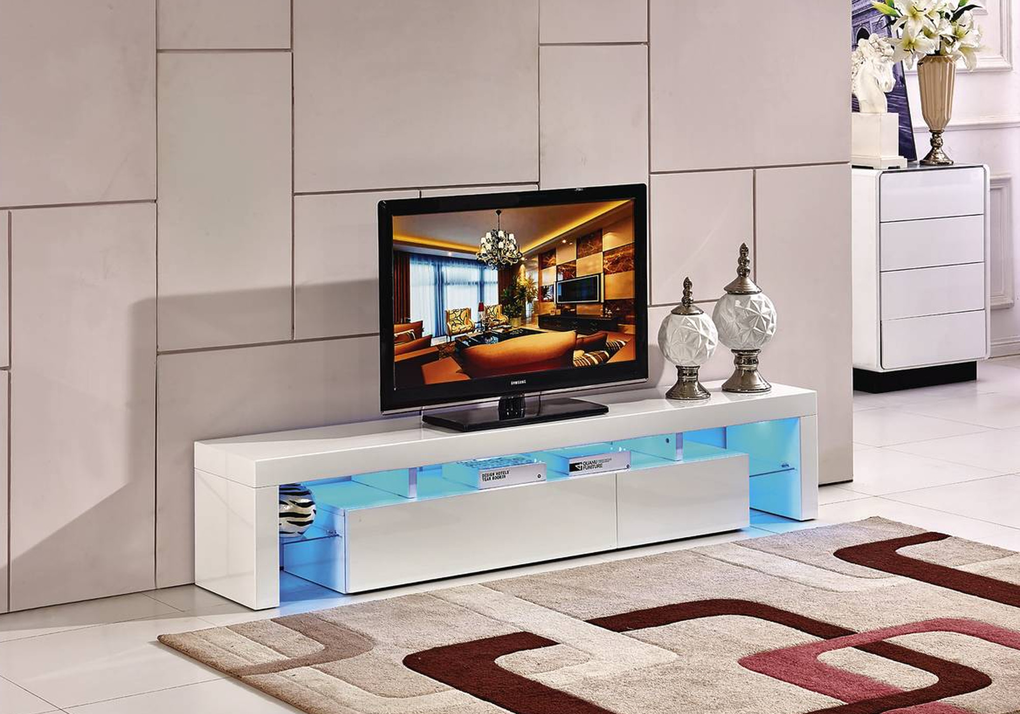 Meuble Tv laqué blanc LED OVER - Meuble Banc TV Design Pas Cher..