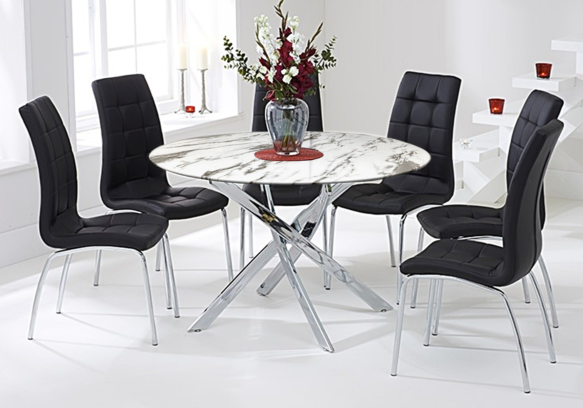 Table marbre blanc 6 chaises noires DESIGN
