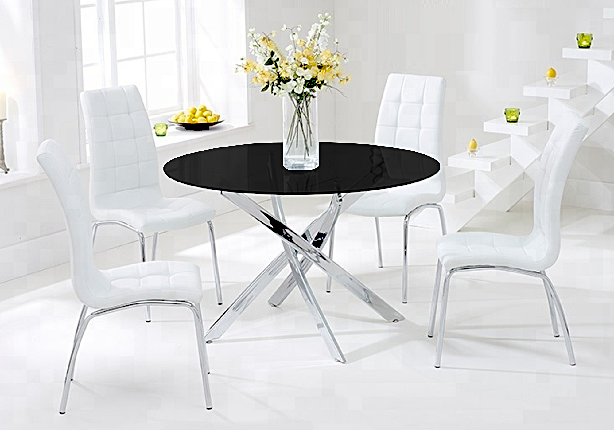 Table ronde noire 6 chaises blanches DESIGN