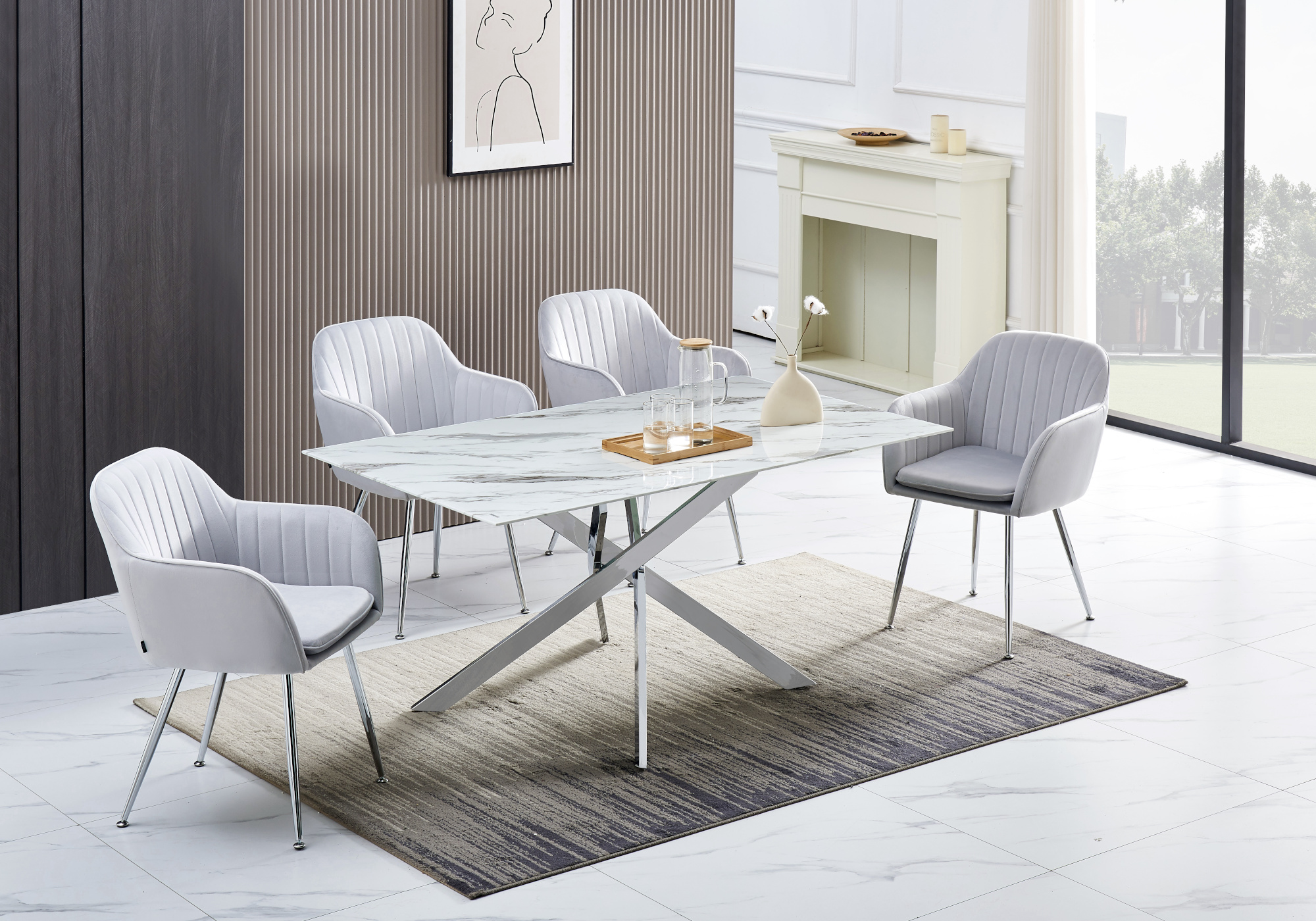 Table à manger argentée marbre blanc JOY - Tables/Chaises Design