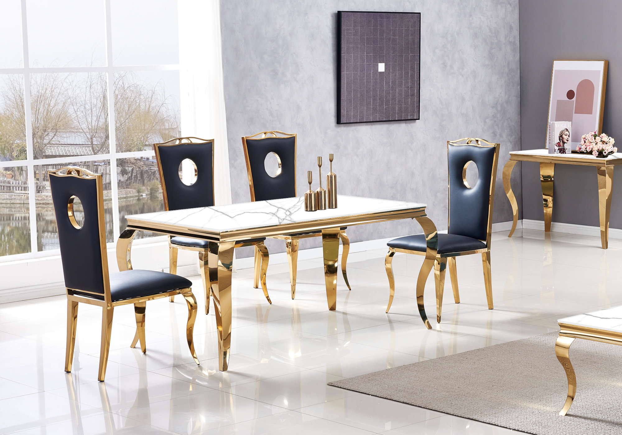 Table à manger dorée marbre blanc NEO - Table/Chaise Design Dorée