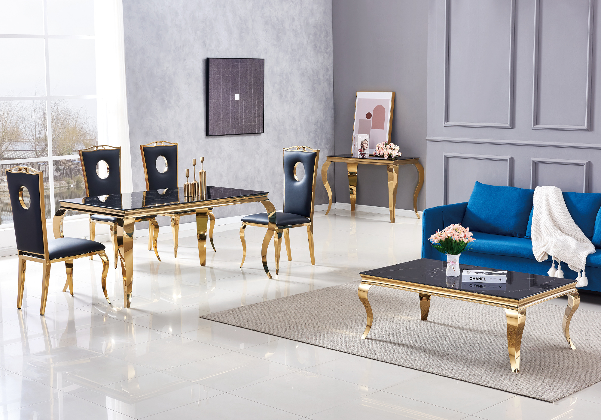 Table à manger dorée marbre noir NEO - Table & Chaise Design Doré