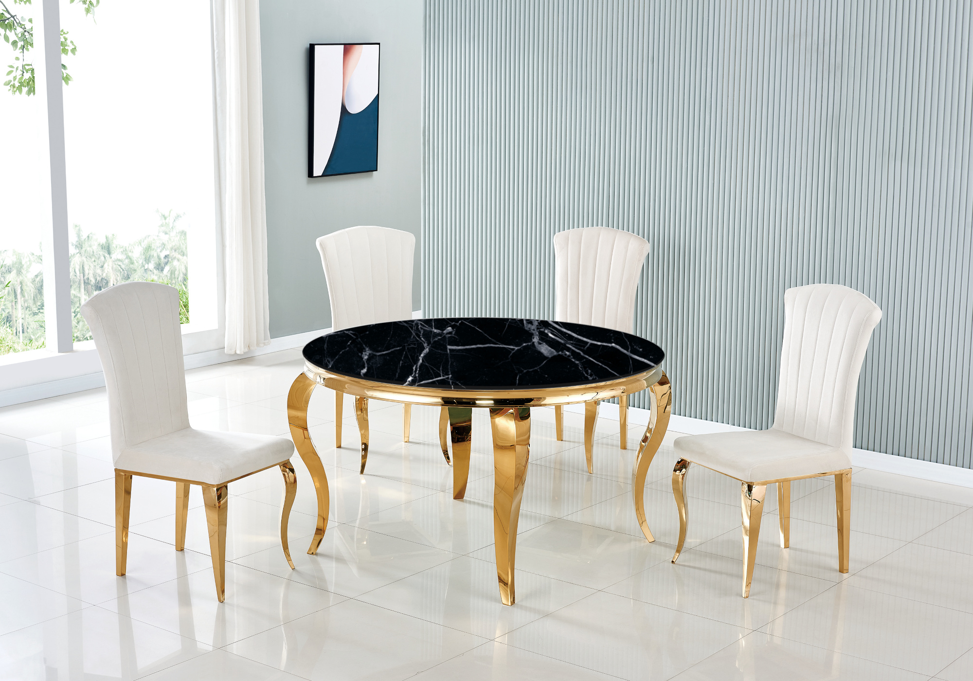 Table à manger ronde dorée marbre noir NEO - Table/Chaise Dorée