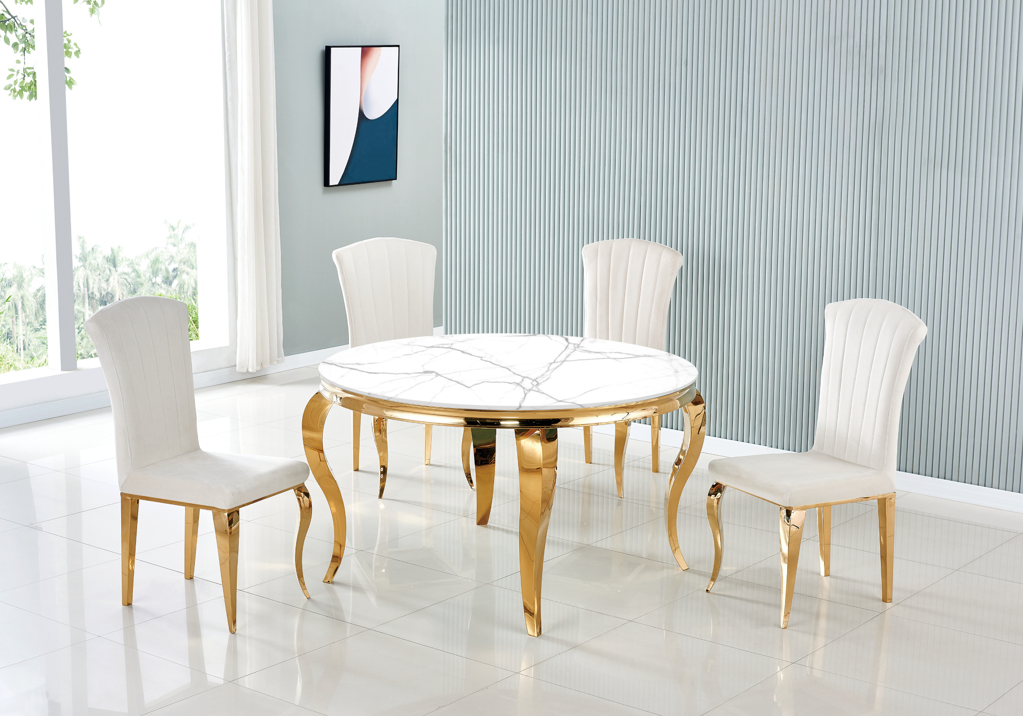Table à manger ronde dorée marbre blanc NEO - Table/Chaise Dorée
