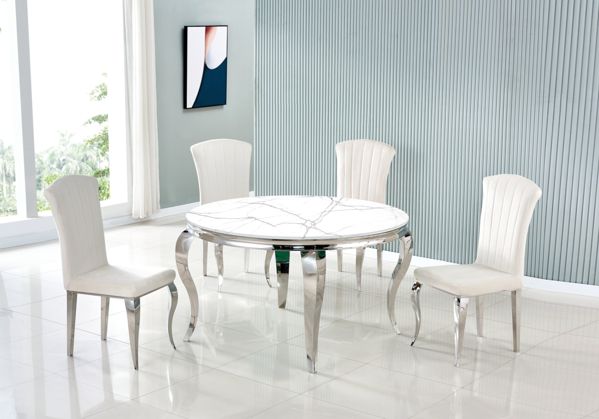 Table de salle à manger ronde moderne effet marbre blanc et pied