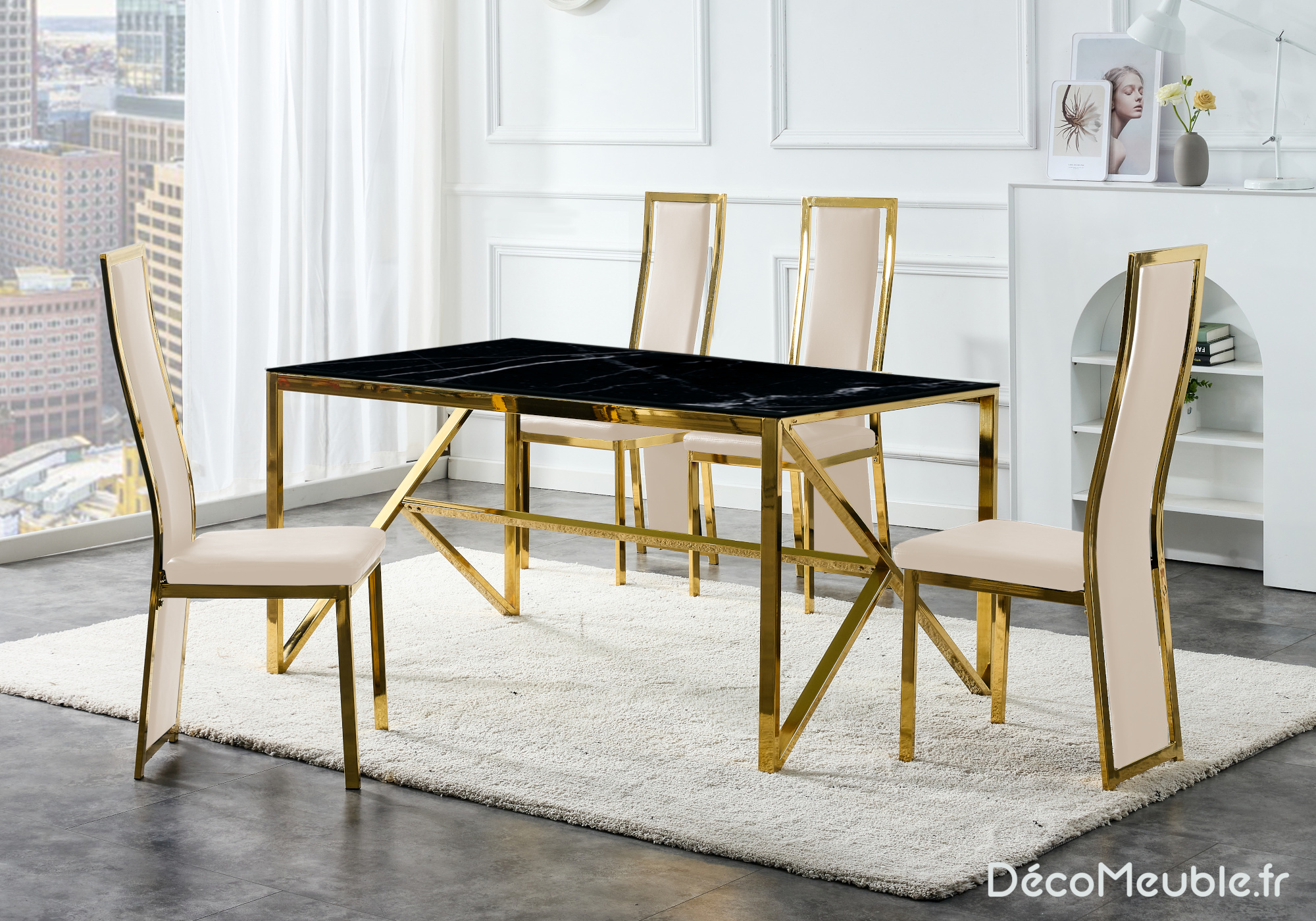 Table et chaise dorée beige marbre noir DIA