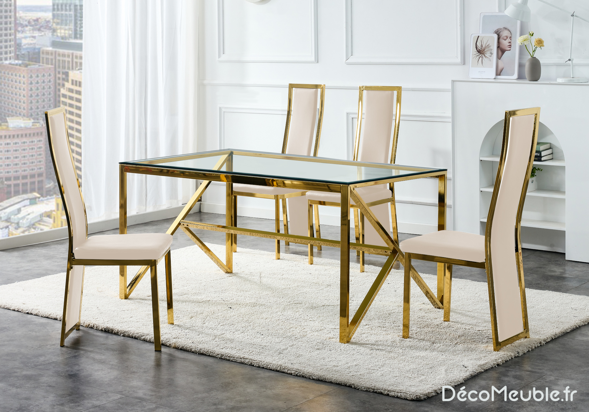 Table en verre et chaise dorée beige DIA.1