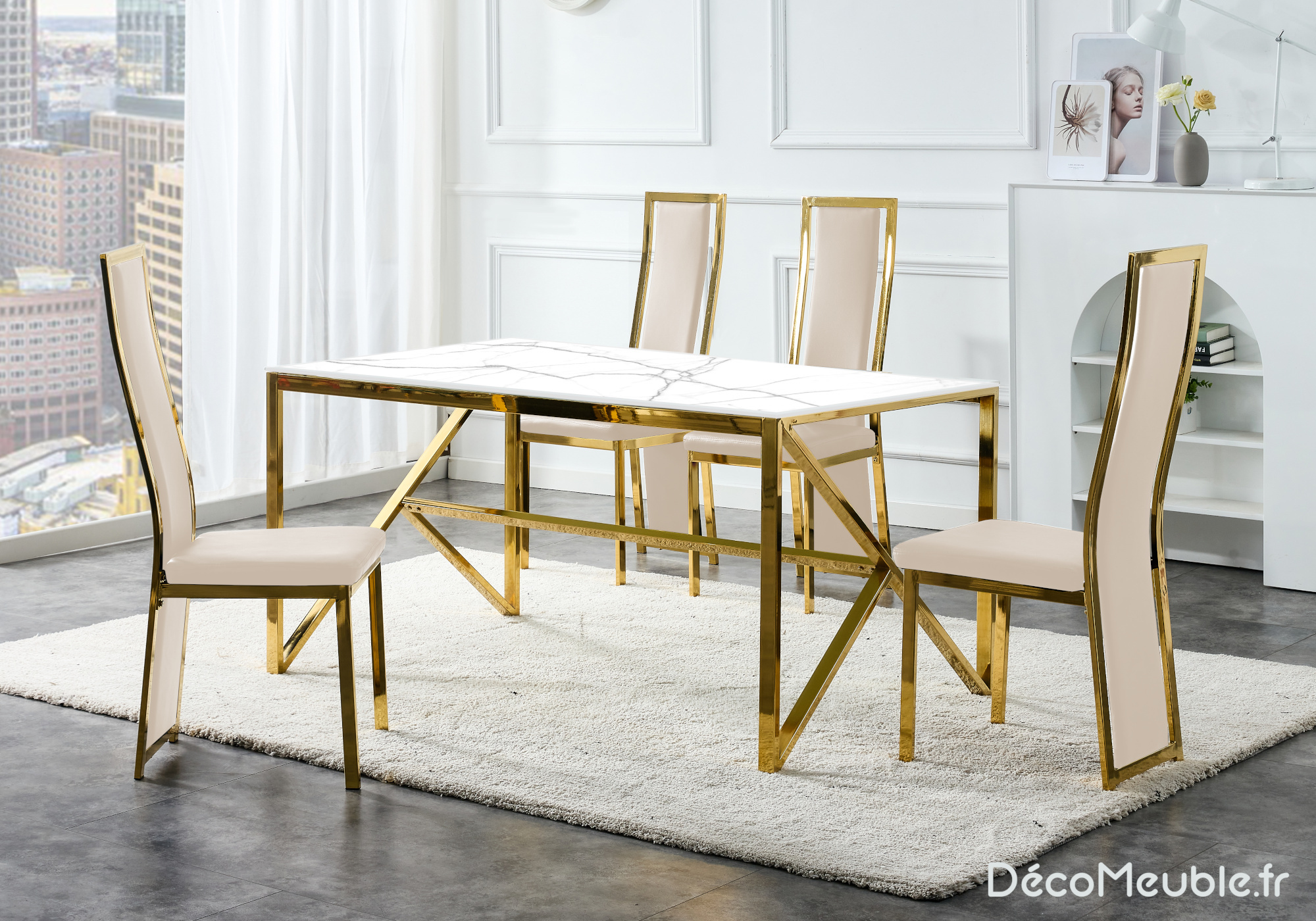 Table et chaise dorée beige marbre blanc DIA