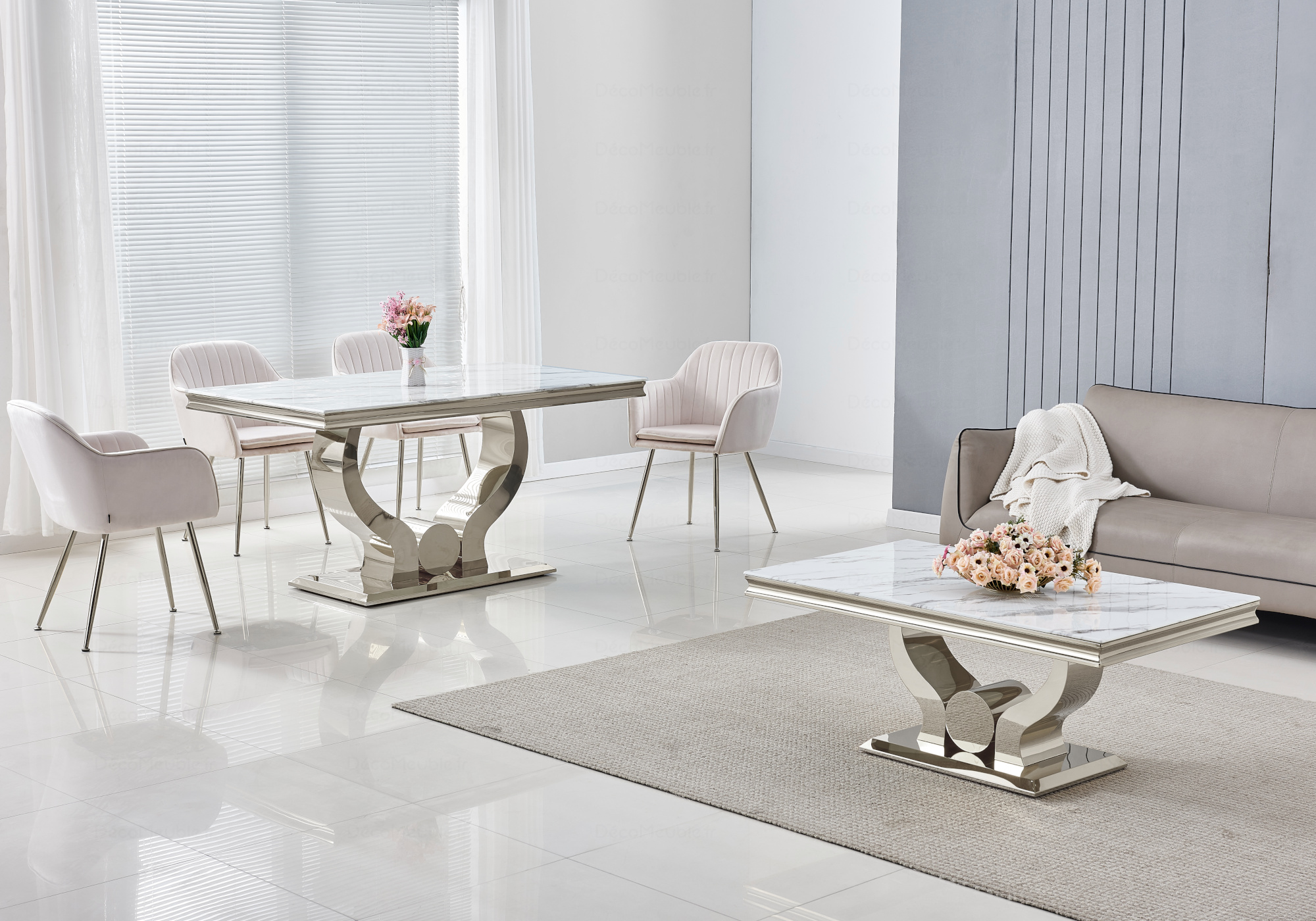 Table de salle à manger moderne ronde décor effet marbre gris