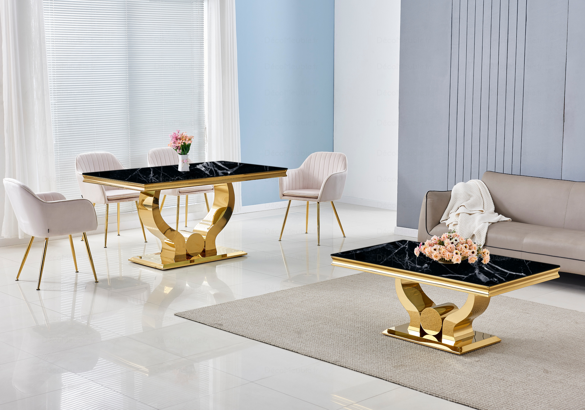 Table à Manger plateau marbre couleur noir pieds dorée en acier