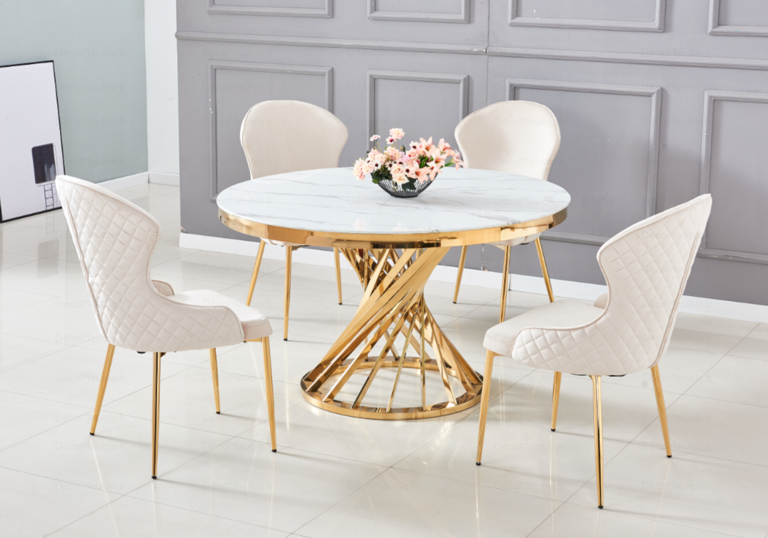 Table à manger ronde marbre blanc doré RUBY - Table/Chaise Design