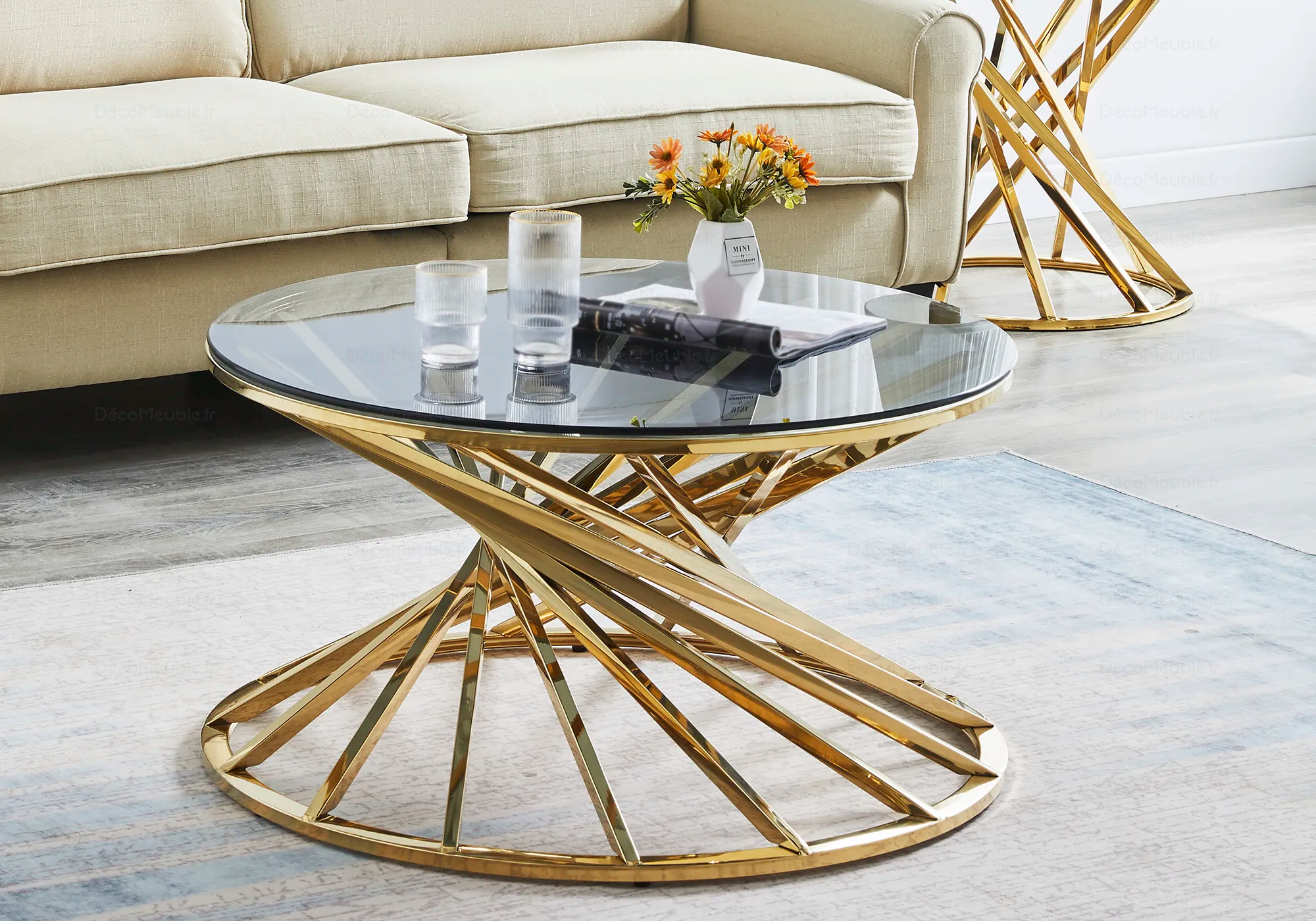Table basse ronde en verre doré RUBY – Meuble Salon/Table Basse