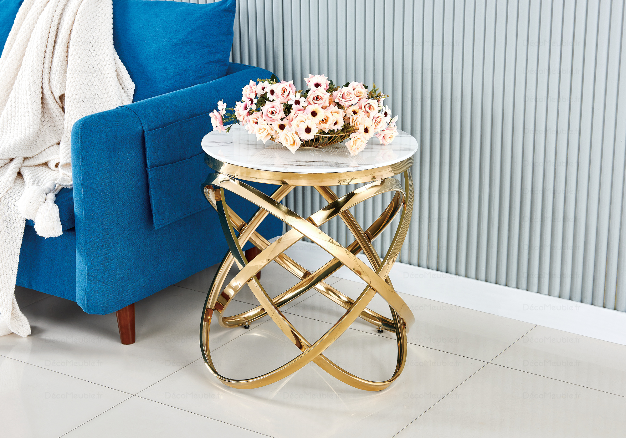 Table d'appoint marbre blanc doré EVO - Table Bout Canapé Design