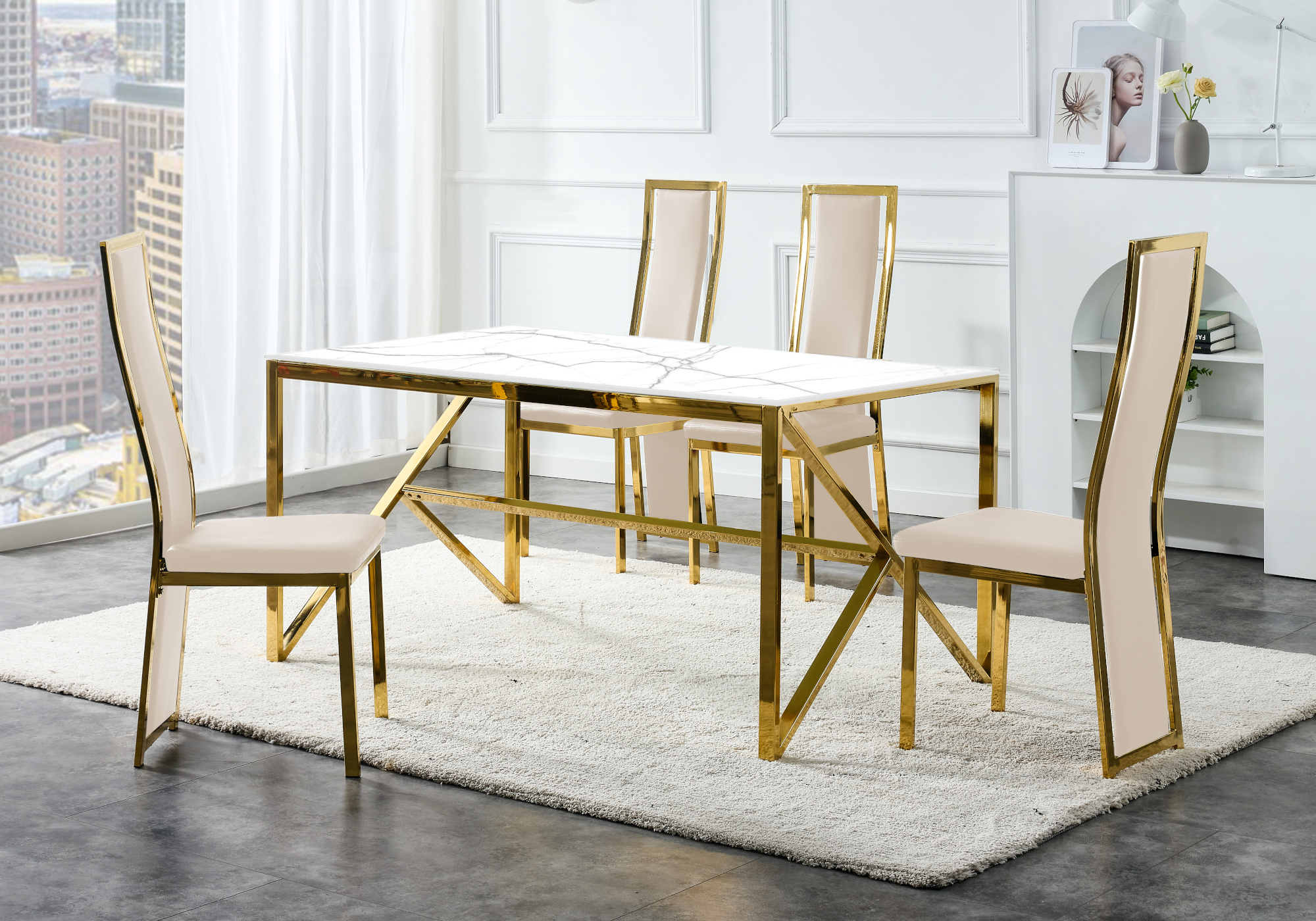Table et chaise dorée beige marbre beige DIA - Sets Table/Chaise