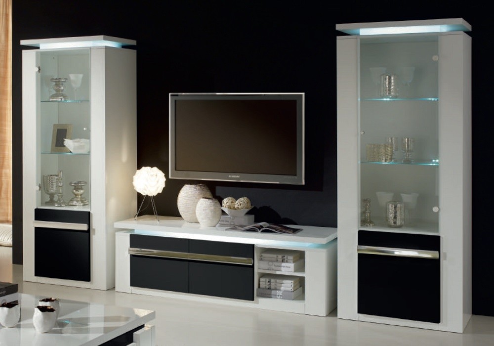 Vitrine meuble tv laqu blanc noir RIVA Design Moderne Pas Cher