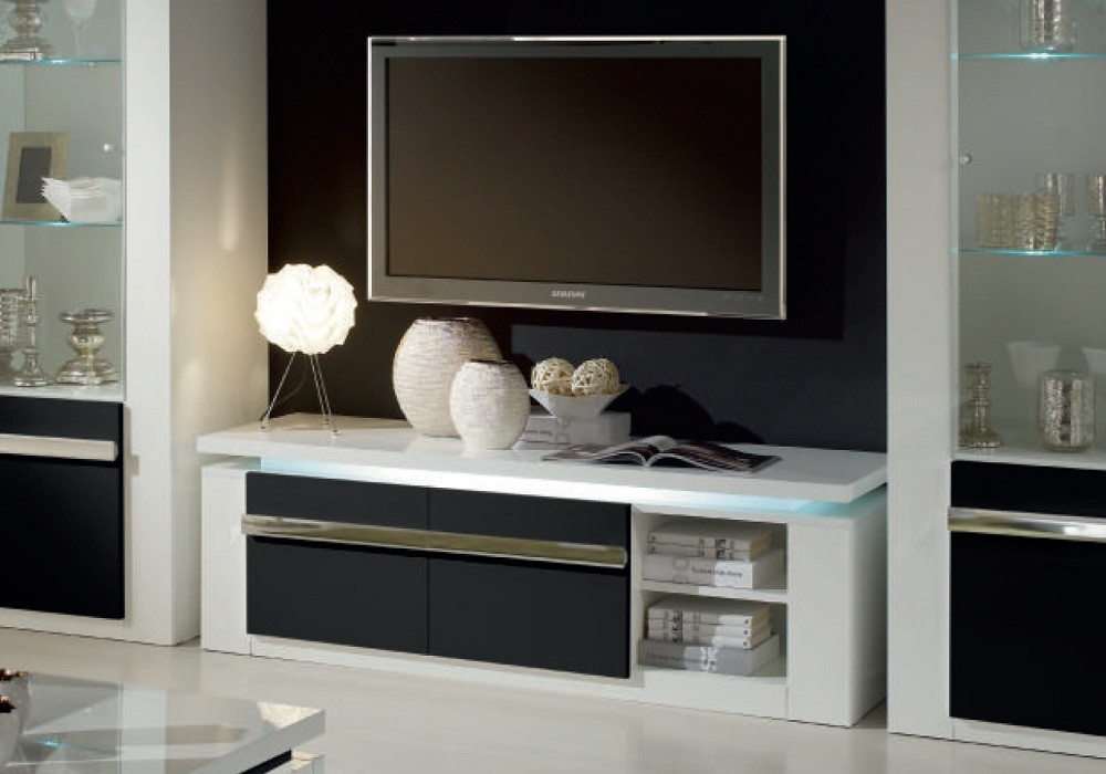 Vitrine meuble tv laqu blanc noir RIVA Design Moderne Pas Cher