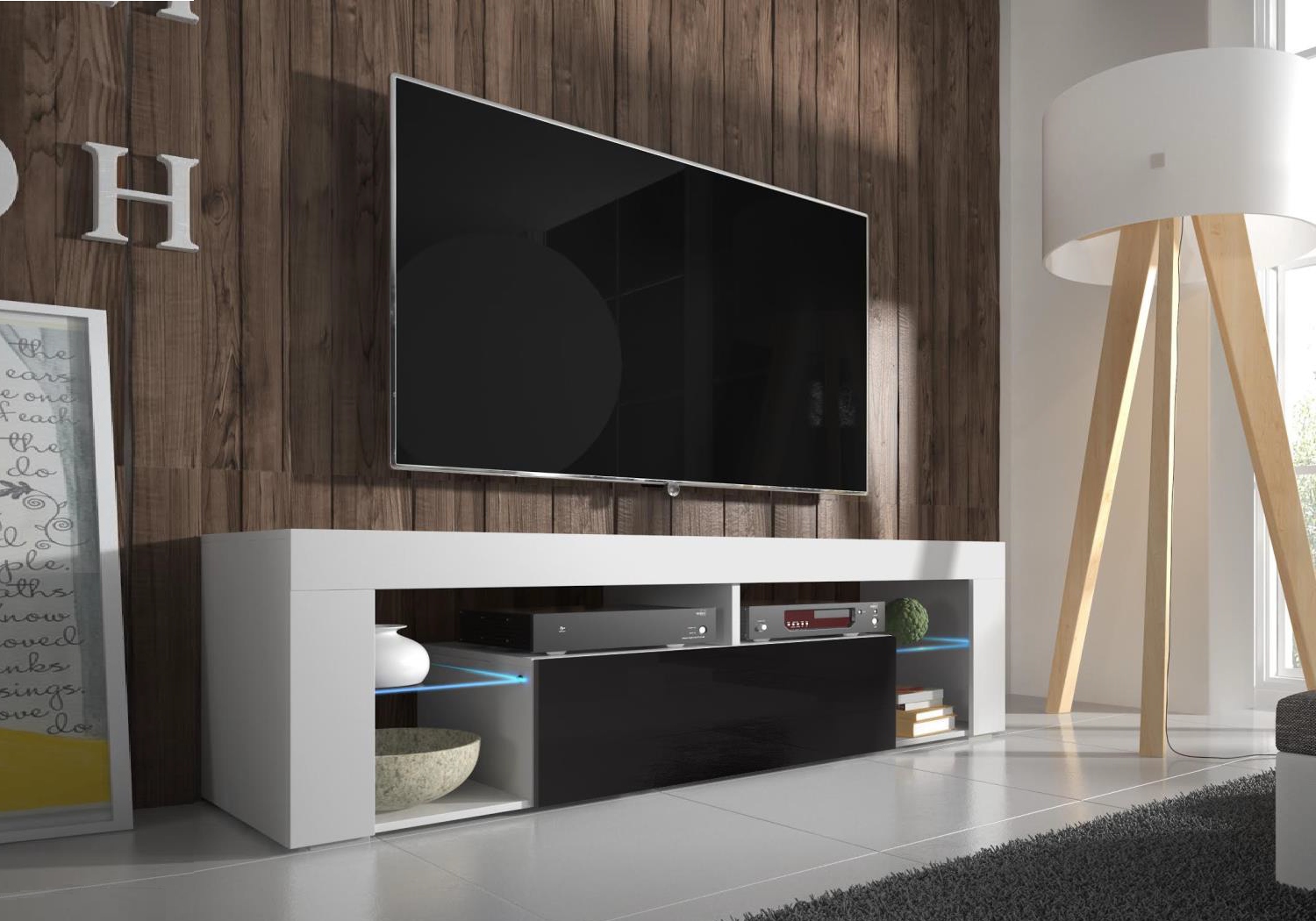 Meuble Tv laqu blanc noir LED OVER Collection Design Pas Cher