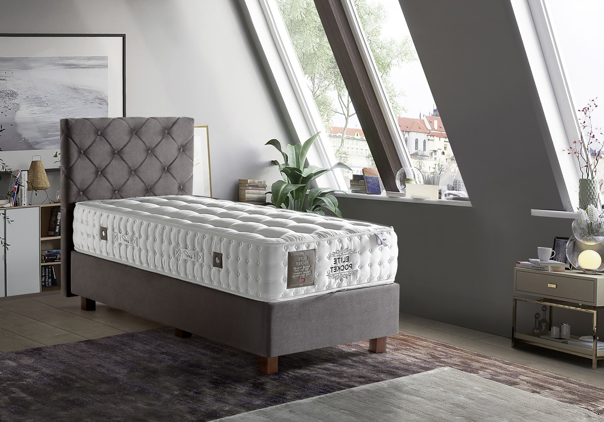 Lit coffre + tête de lit + matelas 90x190 ÉLITE/KARYA Taupe