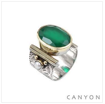 Bague argent 925 quartz vert ovale et 2 perles - Canyon