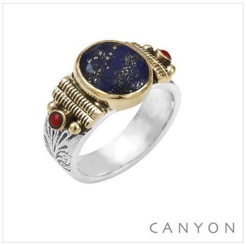 Bague argent modèle moyen lapis lazuli ovale 2  corail anneaux de laiton - Canyon