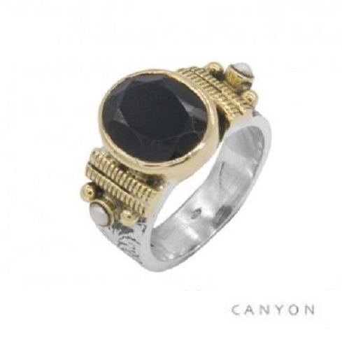 Bague argent modèle moyen onyx noir ovale 2 perles blanches anneaux de laiton - Canyon