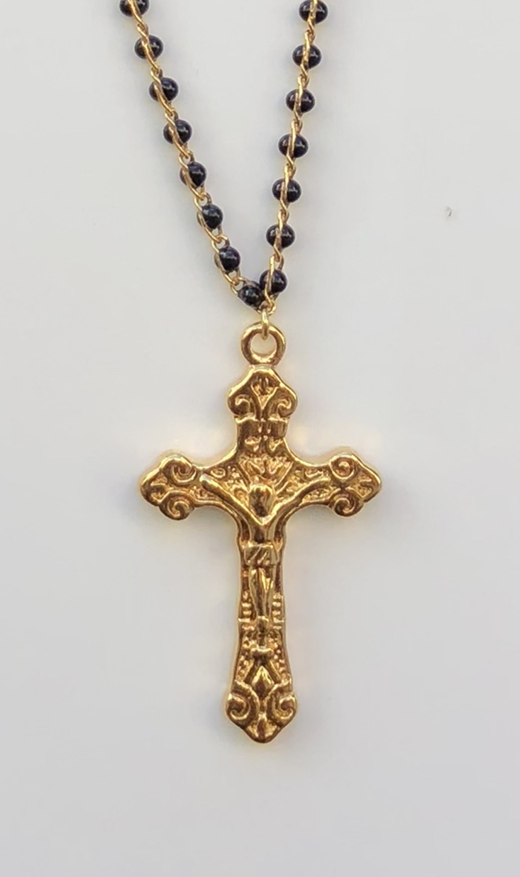 Collier religieux en émail noir croix et chaine doré  44 cm  + ralonge - La belle Simone Bijoux 69 - 2