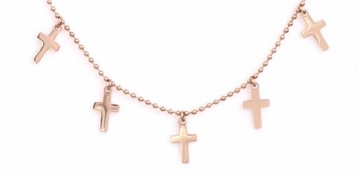 M5C138 Collier 5 croix or rose Lg 37cm + 5cm rallonge pendentif H 1.10cm L0.70cm acier inoxydable - Mile Mila 22.4 - Copie