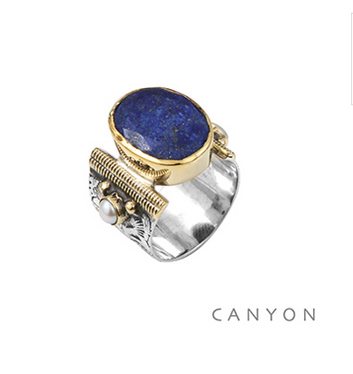 Bague argent 925 Lapis Lazuli ovale et 2 perles - Canyon